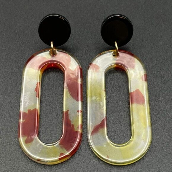 Black with Red and Yellow Marble Swirl Acrylic Open Oval Hoop Post Back Earrings - Picture 2 of 9